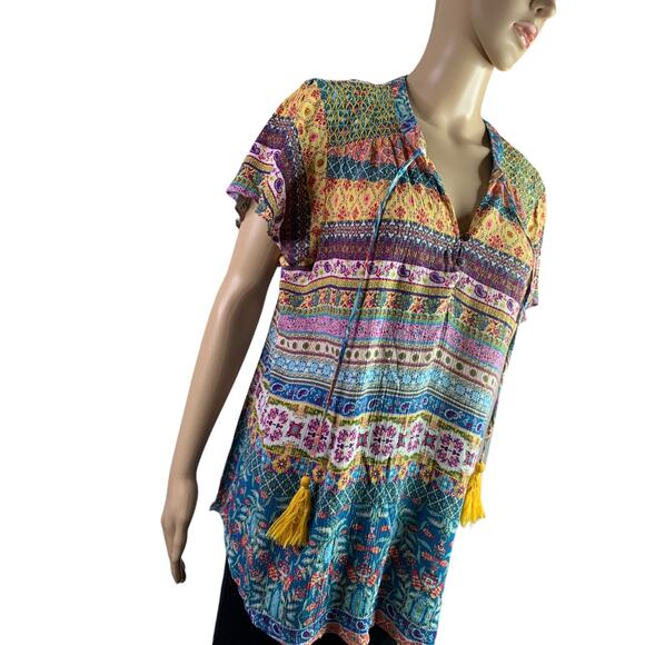 One World Women's XL Blouse Boho Metallic Threading Short Sleeve V Neck Tassels - Picture 3 of 12